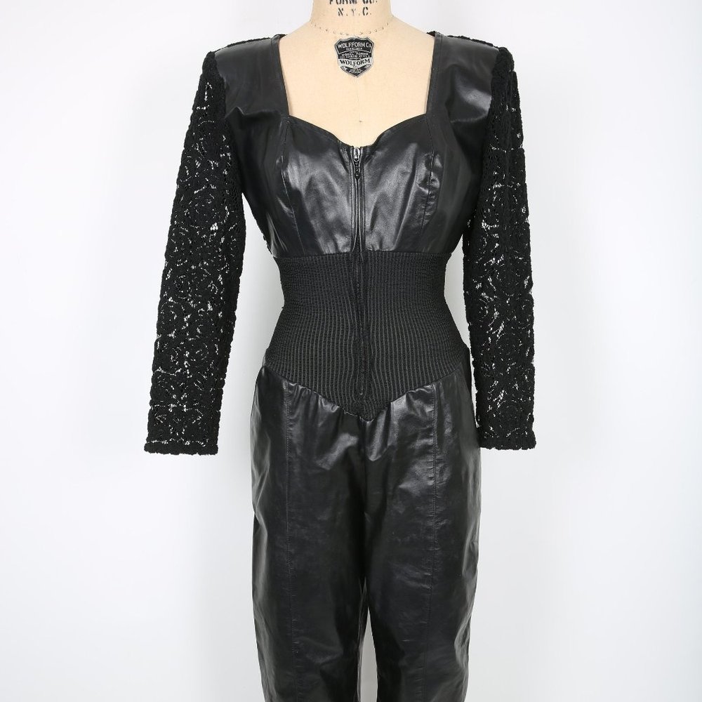 80s 90s Vintage Black Leather & Lace Jumpsuit